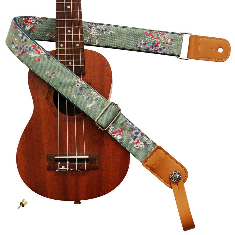 MUSIC FIRST Original Design Vintage Style â€œPlum Flowersâ€ Soft Canvas & Genuine Leather Ukulele Strap Ukulele Shoulder Strap With a Genuine Leather Strap Locker - Image 1